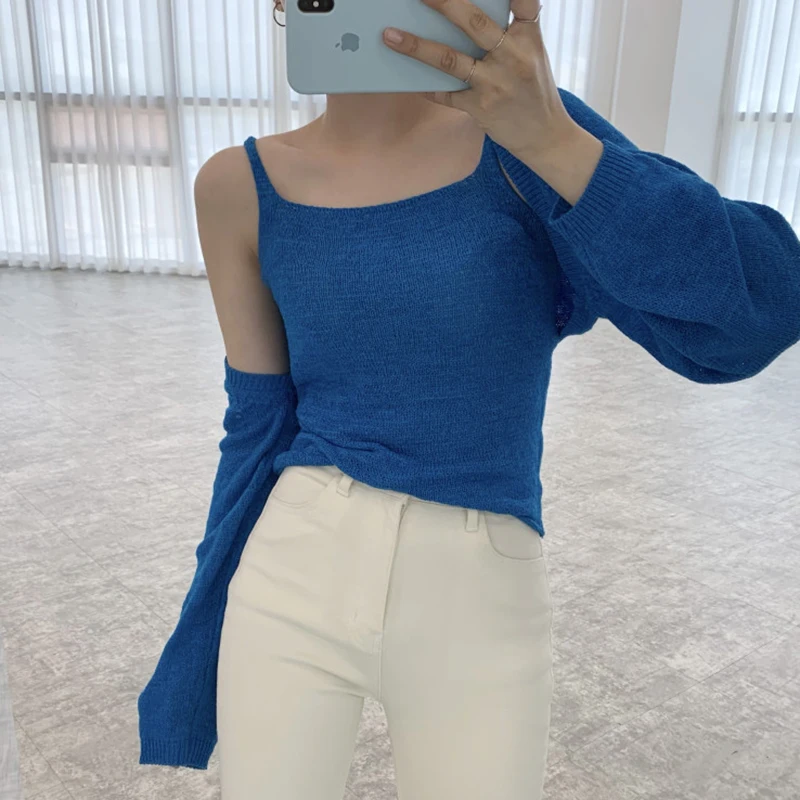 

Kimotimo Women Two Piece Set Korean Summer Simplicity Inside Spaghetti Strap + Thin Sun Protection Long Sleeve Knitted Cardigan