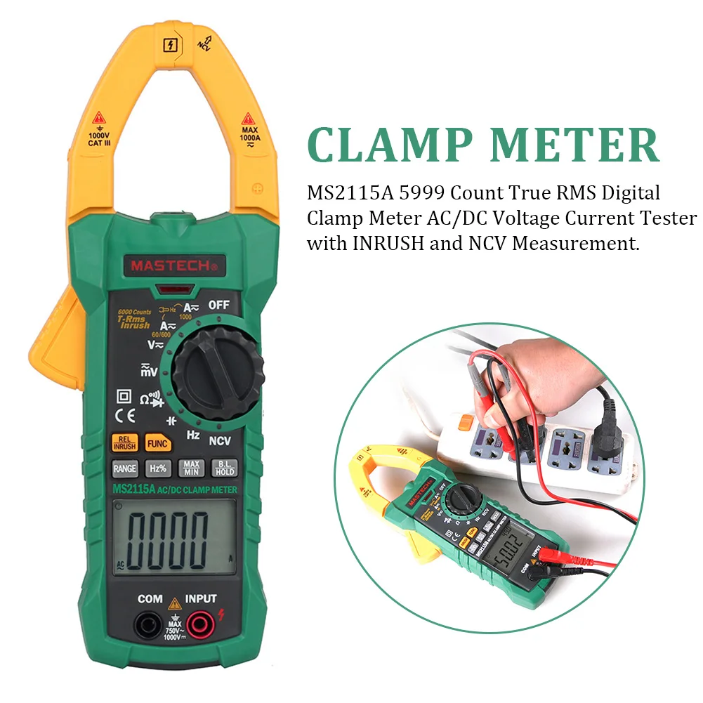 

MS2115A Home Electrical 1000A Portable Display Backlight DC AC ABS True Rms Voltage Current Tester Amper Digital Clamp Meter