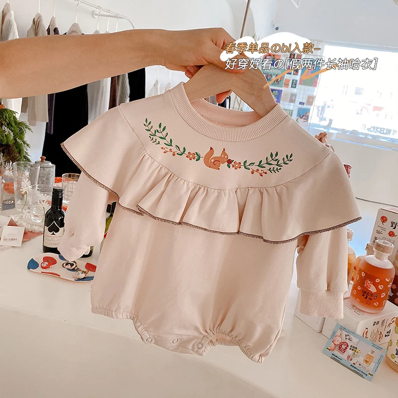 

Brand Design Newborn Baby Spring Girl Rompers Flower Squirrel Print Ruffle One-Pieces Solid Jumpsuit Long Sleeve Outfits Infant