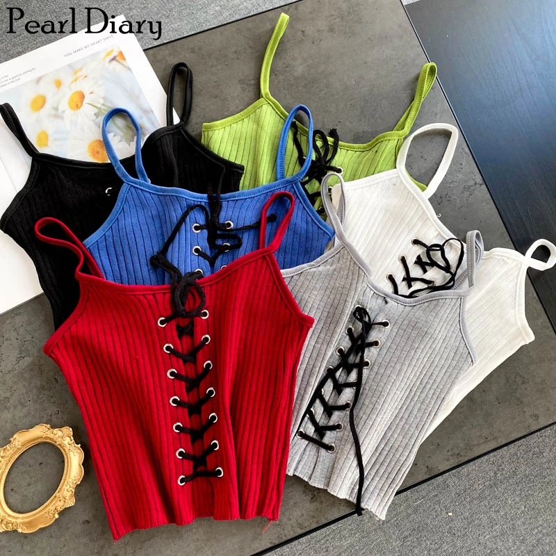 Женская Трикотажная майка на тонких бретельках Pearl Diary, летний сексуальный укороченный топ на шнуровке спереди, женские топы на завязках