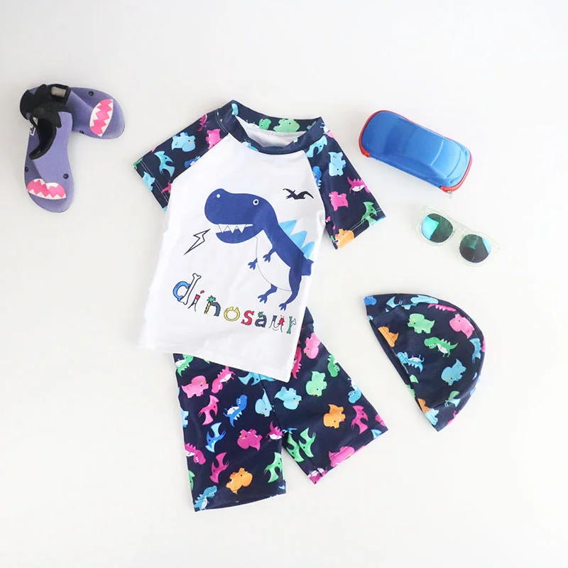 

Детский купальник из 3 предметов, купальный костюм для малышей с акулами, милые купальные костюмы с коротким рукавом для мальчиков, малышей, детская пляжная одежда, купальник