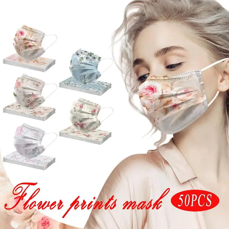 

50pcs Adult Flower Print Face Mask 3-layers Meltblown Protective Disposable Face Mouth Masks Fashion Mascara for Women Anti-dust