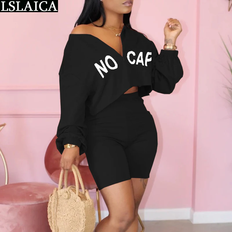 

Letter Print Solid Two Piece Outfits Biker Shorts Set Long Sleeve Crop Top Short Pants Tracksuit Women Set Autumn Plus Size