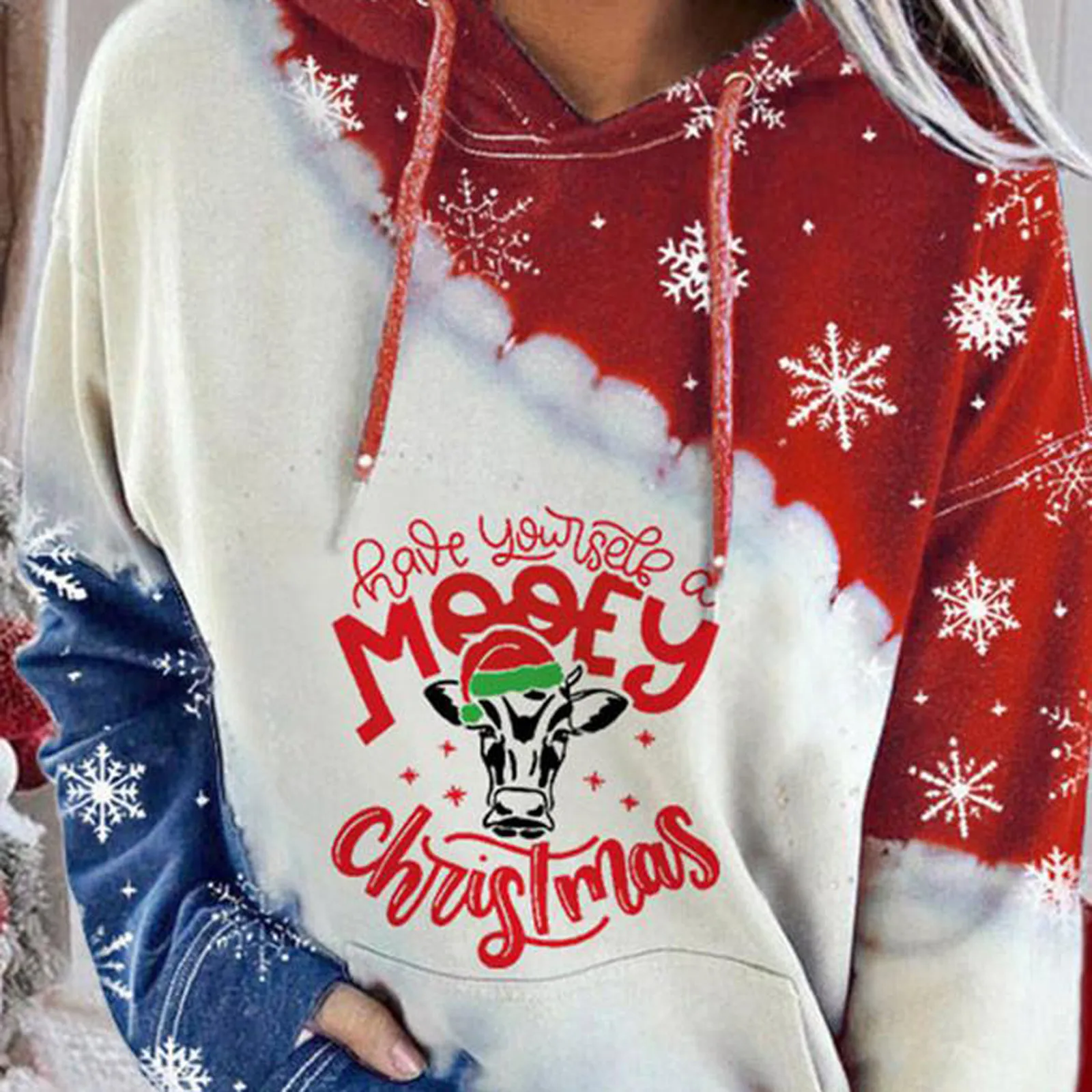 

Fashion Women's Christmas Red Wine Glass Print Hooded Contrast Sweatshirt Top