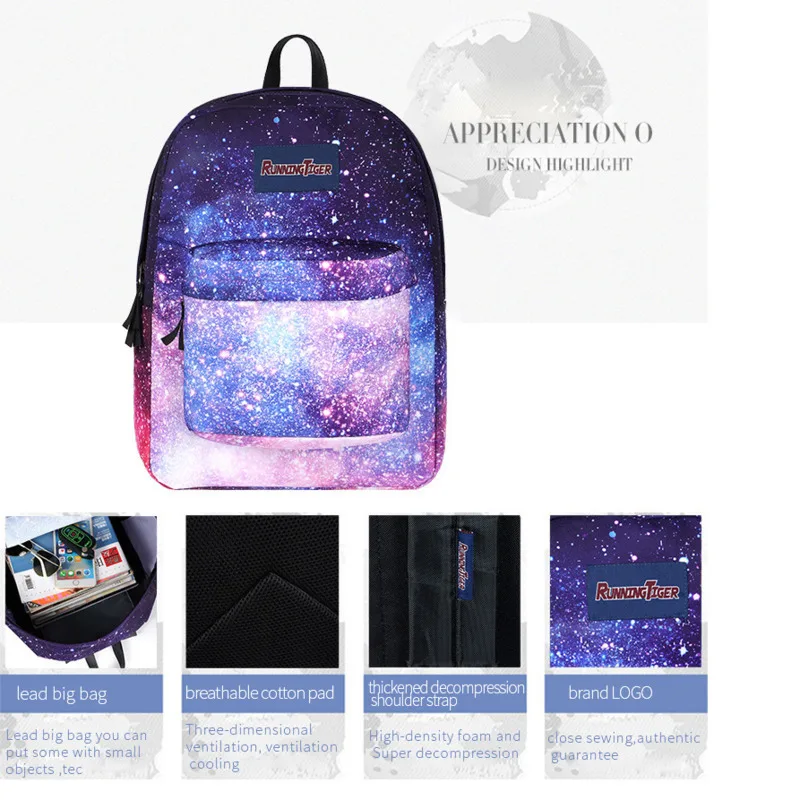 Ночной рюкзак небо для женщин милый фиолетовый со звездами школьный подростков