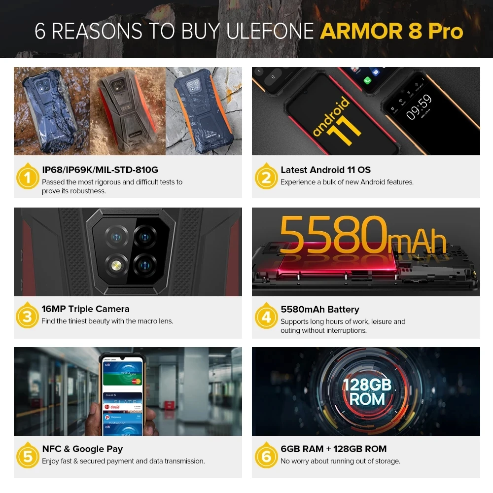 Ulefone Armor 8 Pro Waterproof Mobile Phone 6GB+128GB Android 11 Rugged Smartphone 5580mAh Helio P60 Octa Core NFC OTG Cellphone