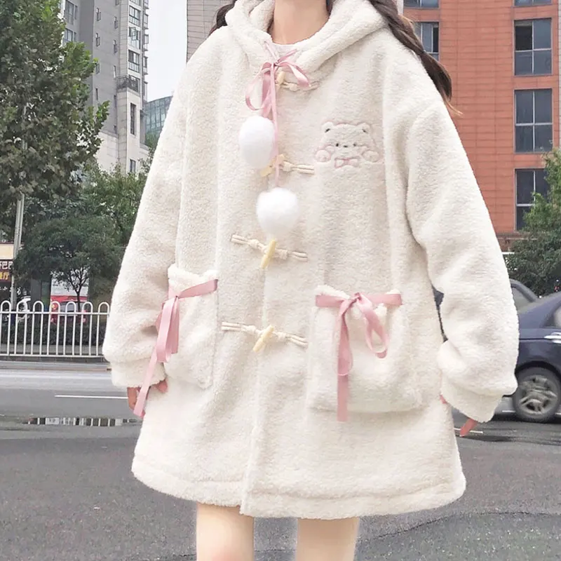 Japanese mori girl cute mid-length furry thickening plus cashmere lamb wool padded jacket cotton padded parkas women winter