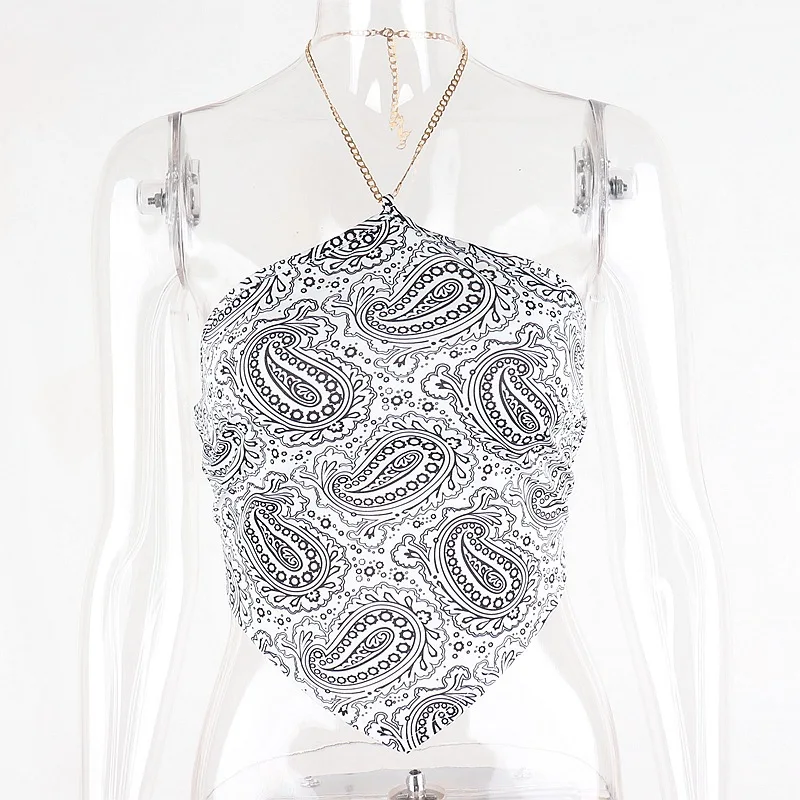 

Y2K EGIRL Vintage Printing Chain Bandana Tops 2000s Aesthetics Backless Sexy halter Tops Party Sleeveless Cropped Tops Clubwear