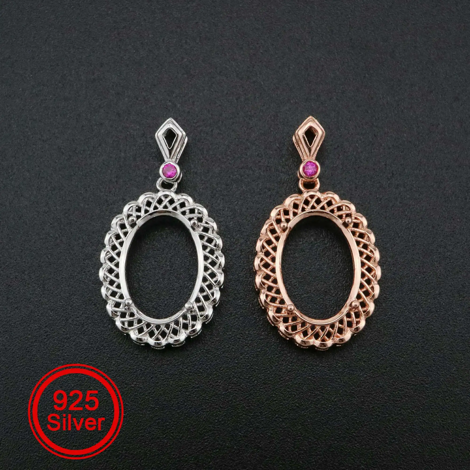

1Pcs 10x14MM Oval Prong Pendant Settings Filigree Rose Gold Plated Solid 925 Sterling Silver Charm Bezel Tray 1421142