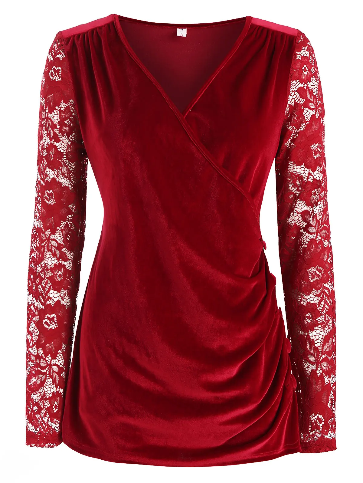 

Plus Size Lace Sleeve Ruched Velvet Surplice Top