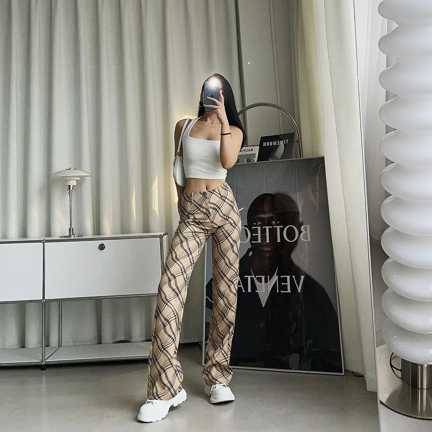 

Plaid Pants Woman High Waist Femme Pantalon Mujer Kobieta Spodnie Trousers Y2k Flare Brown Stacked Harajuku Vrouw Broek Baggy