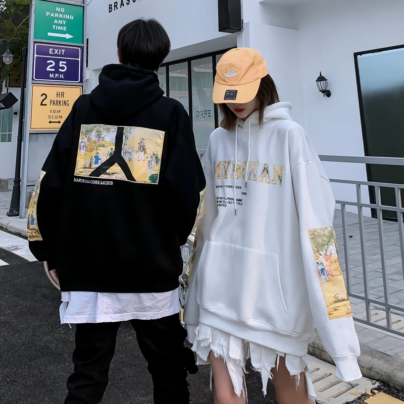 

Harajuku Chinese Style Embroidered Print Women Hoodies and Pullover for Couples Loose Couple Unisex Streetwear Boy Girls Ladies