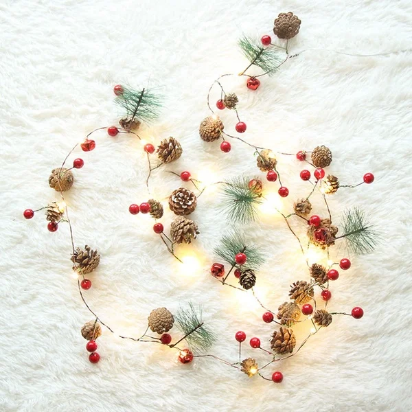 

2 Meters 20 Llights Christmas Led Lights String Pine Needles Pine Cones Copper Wire Bell Decoration Without Battery