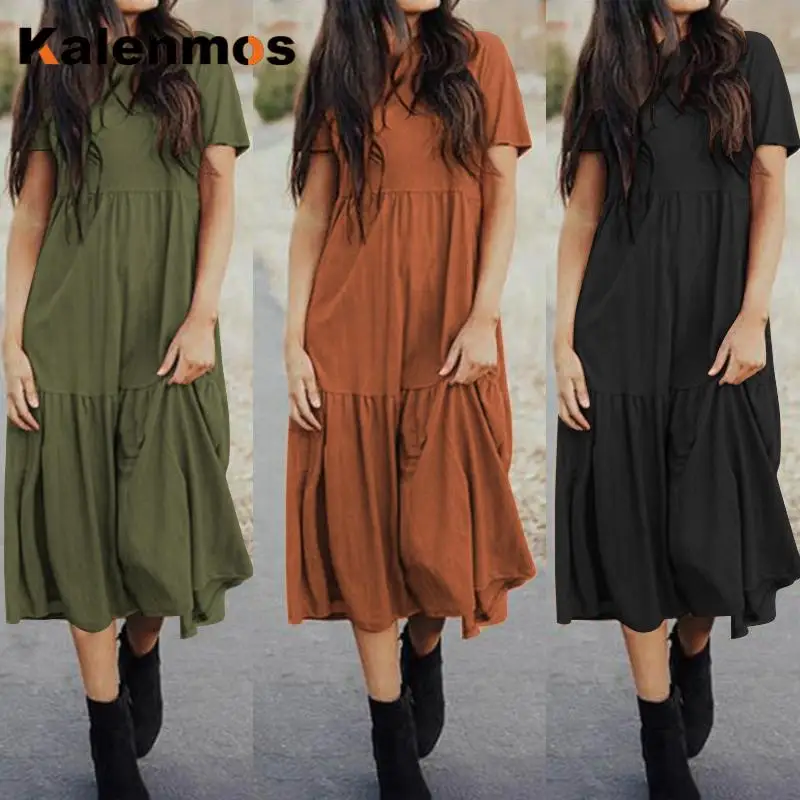 

Длинное платье для женщин, модное, с коротким рукавом, с круглым вырезом, однотонное, до середины икры, длина, уличная, свободное, повседневно...