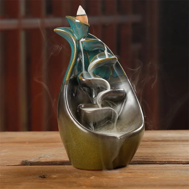 Керамический обратный поток благовоний горелка синий застекленный дым водопад