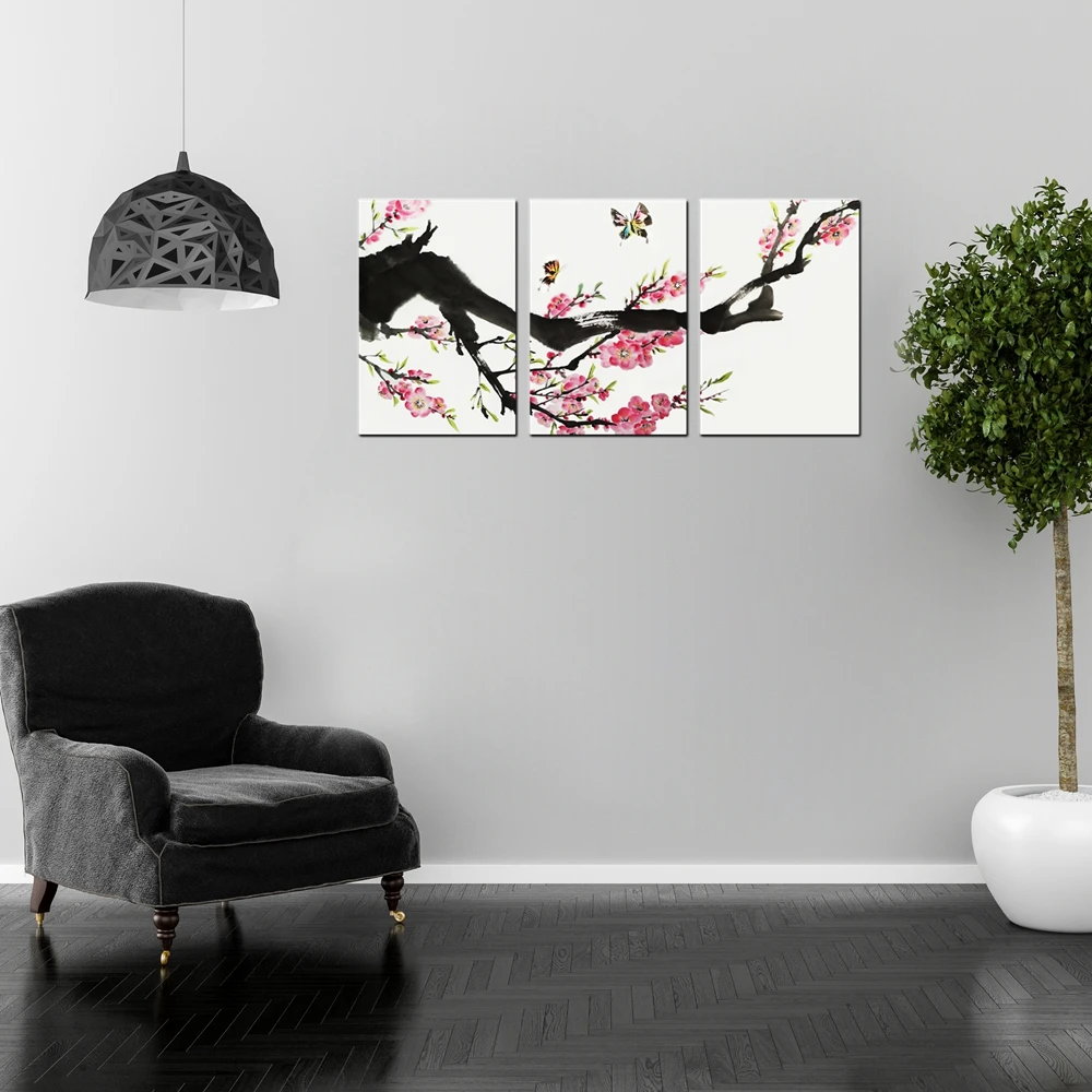 HD Печать китайская чернильная Живопись Стиль Пейзаж Гора и цветение сливы Сакура