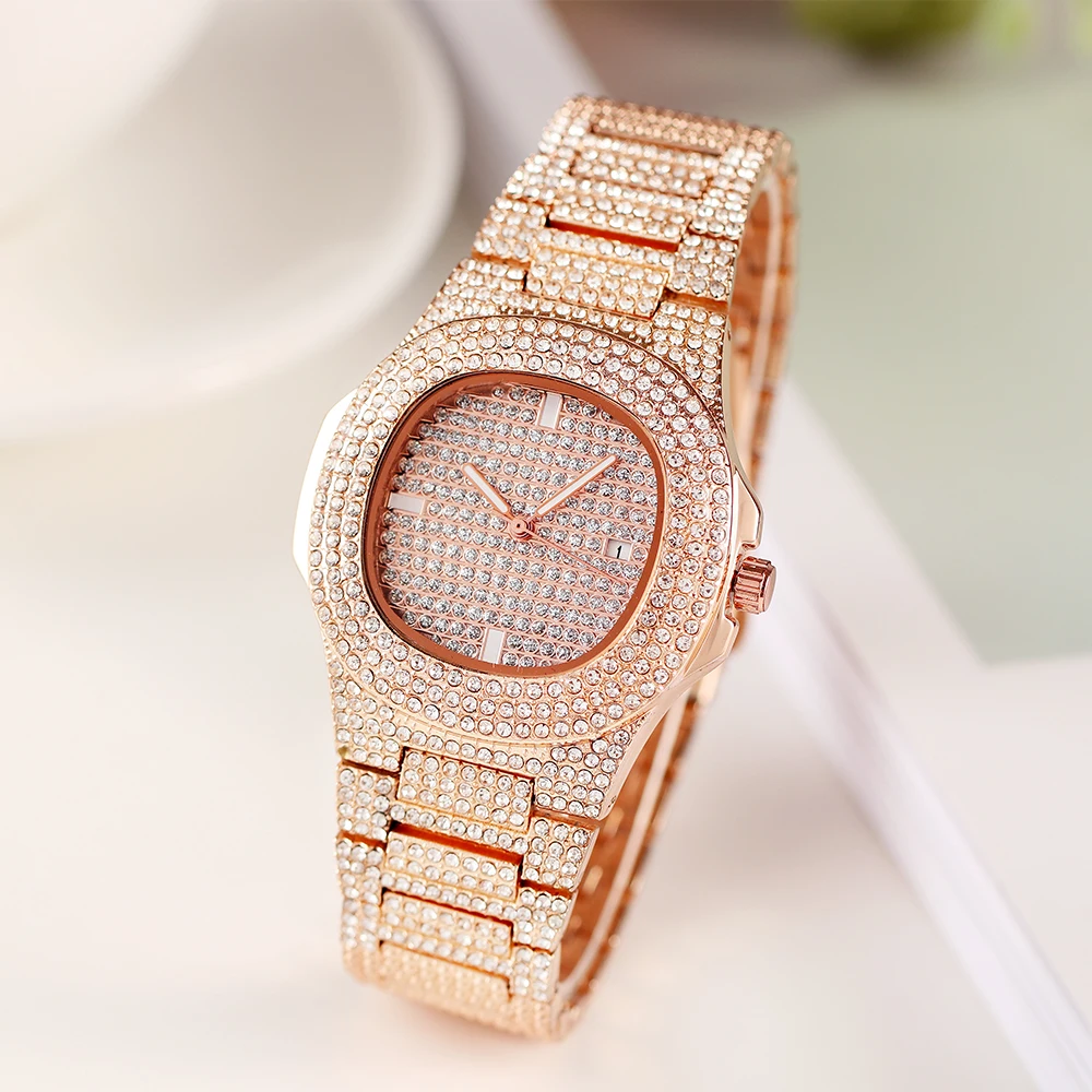 Женские часы Топ бренд Кварцевые Полный Алмаз Нержавеющая сталь женские золотые