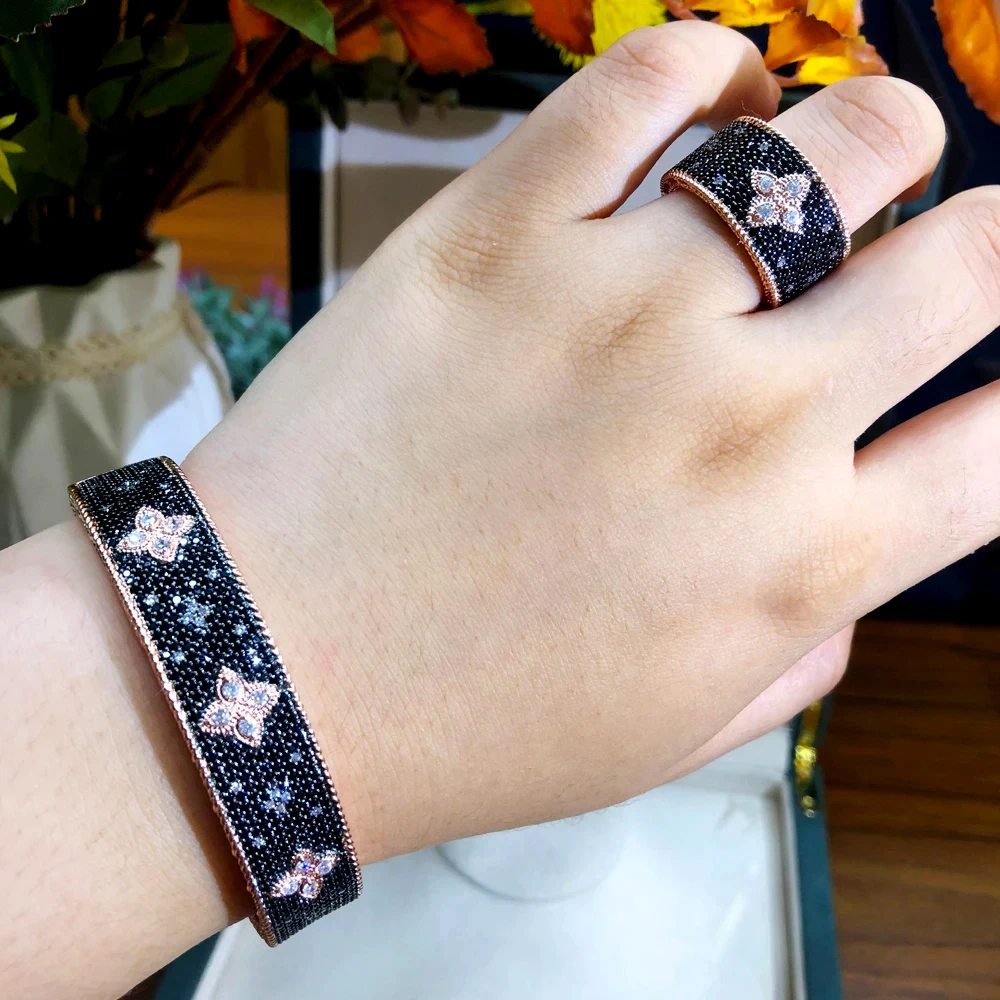 

New Luxury Trendy Fashion Shiny Black Bangle Ring for Women Bridal Jewelry Sets Wedding Perfect Gift High Quality zirconia set