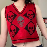 skulls graphic sweater vest y2k vintage goth autumn winter women gothic knitted cropped tank top punk style pullovers jumper