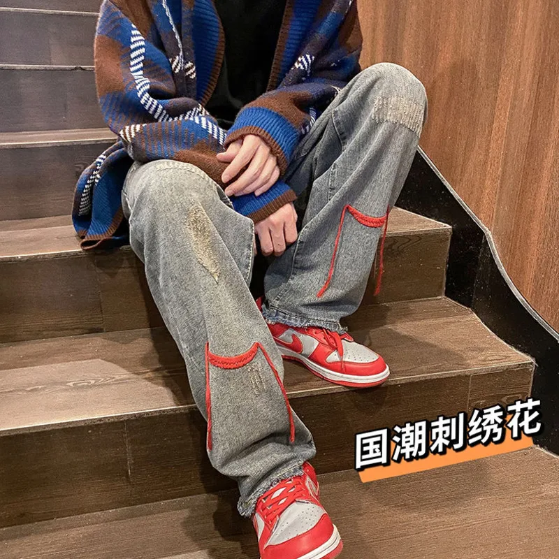 Blue Embroidered Jeans Men Fashion Retro Baggy Wide Leg Jeans Men Streetwear Loose Hip Hop Straight Denim Pants Mens Trousers