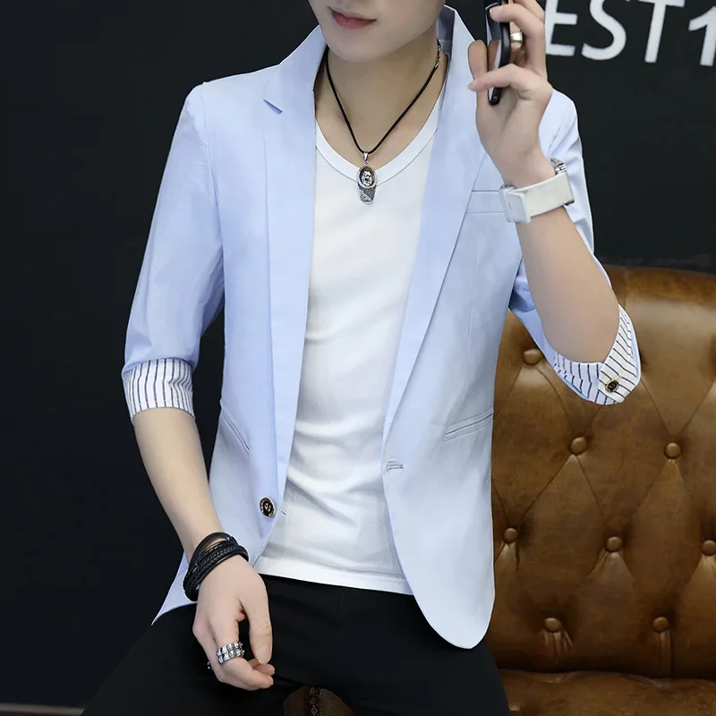 

2021 fashion men's mid-sleeve suit jacket washed cotton casual, three-quarter sleeve thin suit jacket