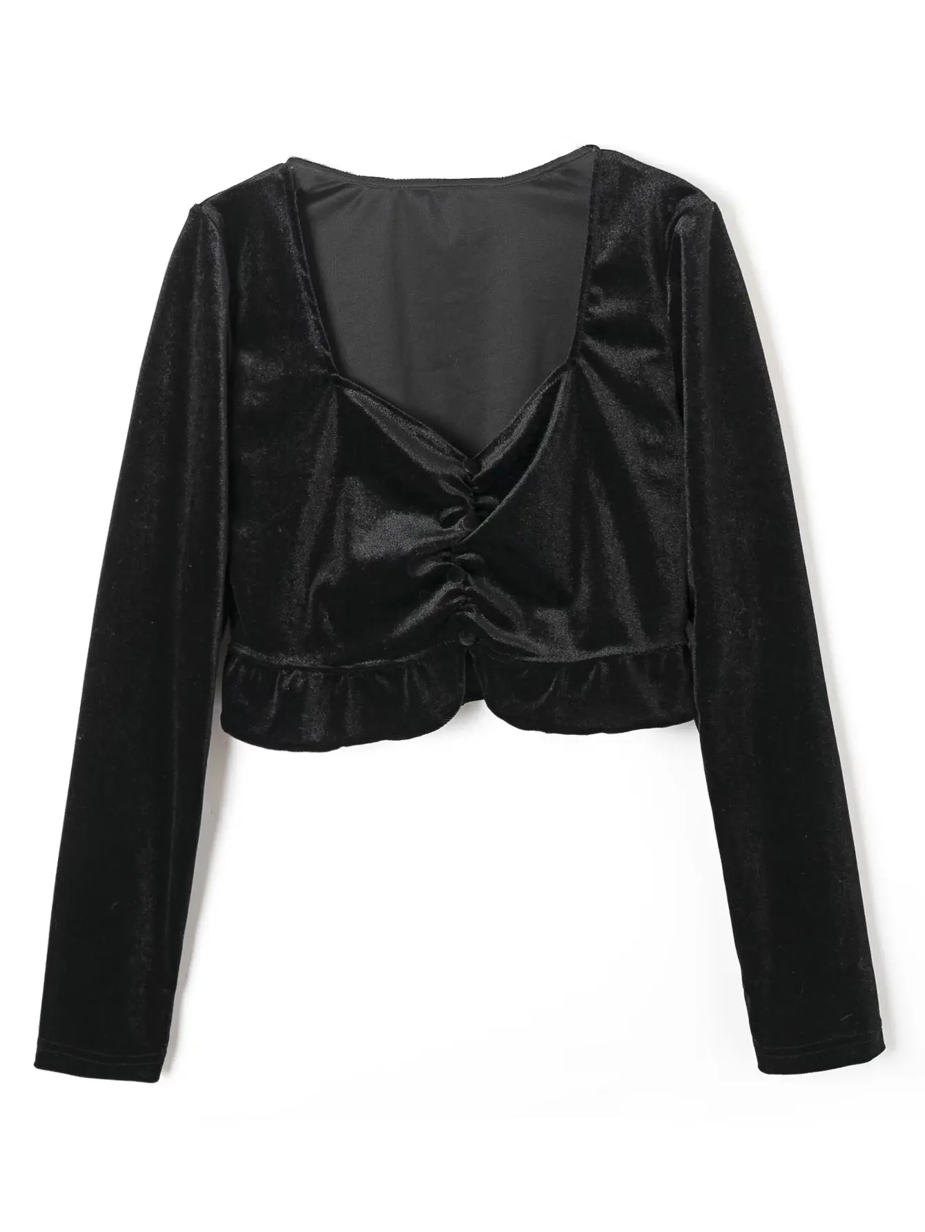 

Women French Style V Neck Pleated Design Velvet Short Blouse Lady Chic Long Sleeve Ruffle Shirt Casual Crop Tops