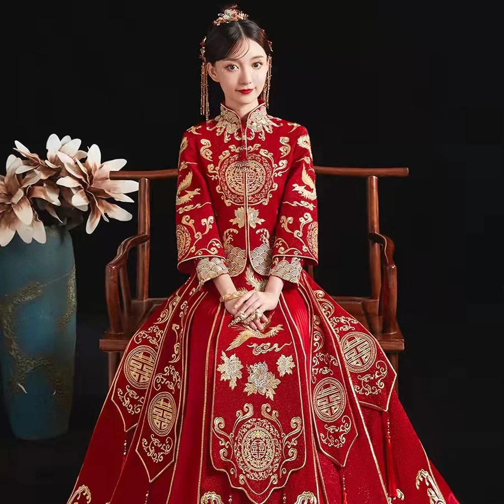 Vestido de boda tradicional chino estilo Oriental Xiuhefu, traje Cheongsam moderno, Top + falda, Qipao rojo largo