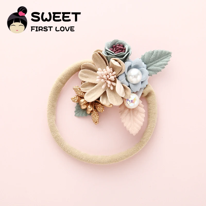 6 шт. из нейлона для девочки повязка на голову с цветком мягкий жемчугом в