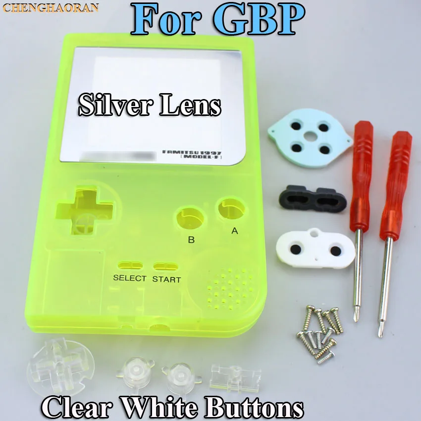 1set Luminous Yellow Green Housing Shell case cover For Gameboy Pocket Console Screwdriver Rubber Silver lens Blue Button Kit |