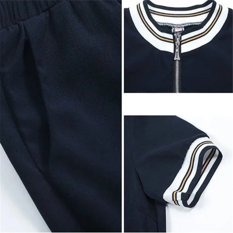 

Fashion O-Neck Zippers Pullover short sleeves top+Ankle-Length pant Summer Solid two piece tracksuit Mom casual plus size set