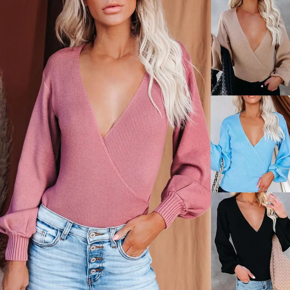 

Женский свитер-блузка с глубоким V-образным вырезом и рукавами-фонариками