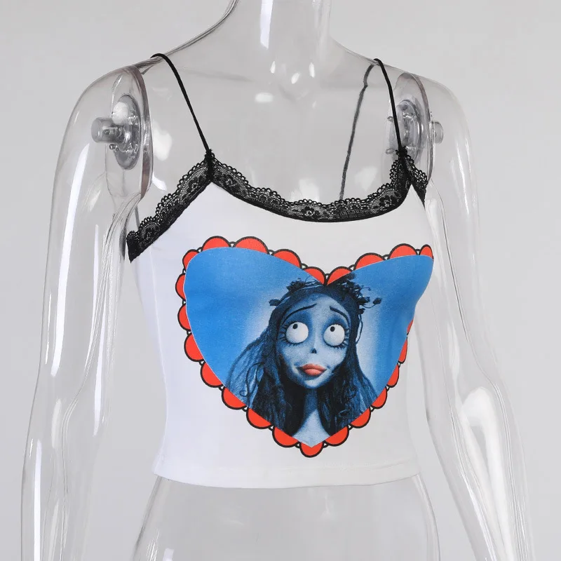 

Y2K Goth Lace White Camis Mall Gothic Print Bodycon Camisole Streetwear Spaghetti Straps Hip Hop Women Summer 2021 Cropped Tops