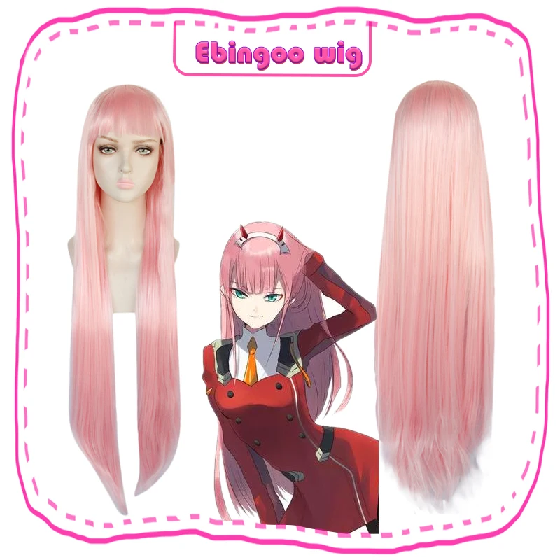 Ebingoo Hair cap+ DARLING in the FRANXX Zero Two 02 Длинный натуральный прямой розовый синтетический парик для косплея с челкой для женщин