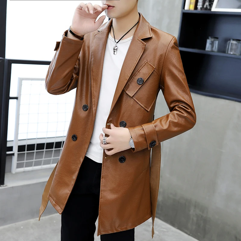 2019 Осенняя мода мужская кожаная куртка блейзеры черный мужской длинный кожаный