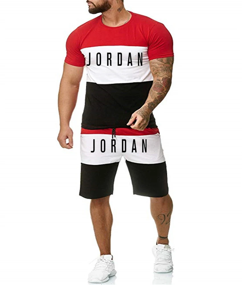 

Summer 2021 The new Men Set Fitness Suit Sporting Suits Short Sleeve T Shirt + Shorts Quick Drying 2 Piece Joining Together Set