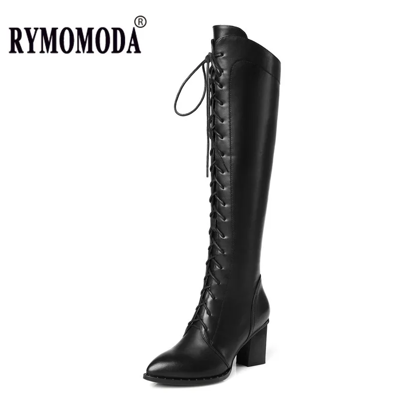 

RYMOMODA Women Handmade Genuine Leather Knee High Boots 2021 Zipper Pointed Toe Black Brown High Heel Boots Female Autumn Winter