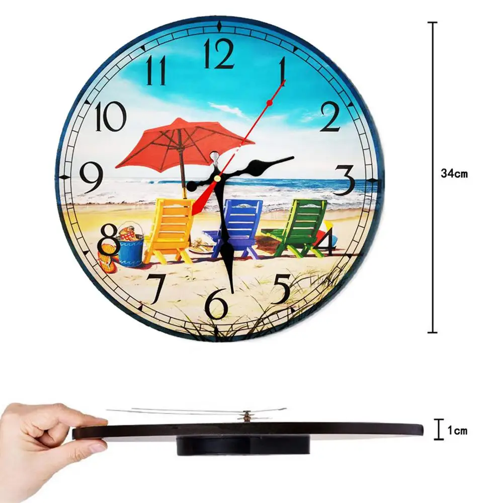 Ретро деревянная стена Clock 34cm пляж кварц тихий большой винтажный потертый