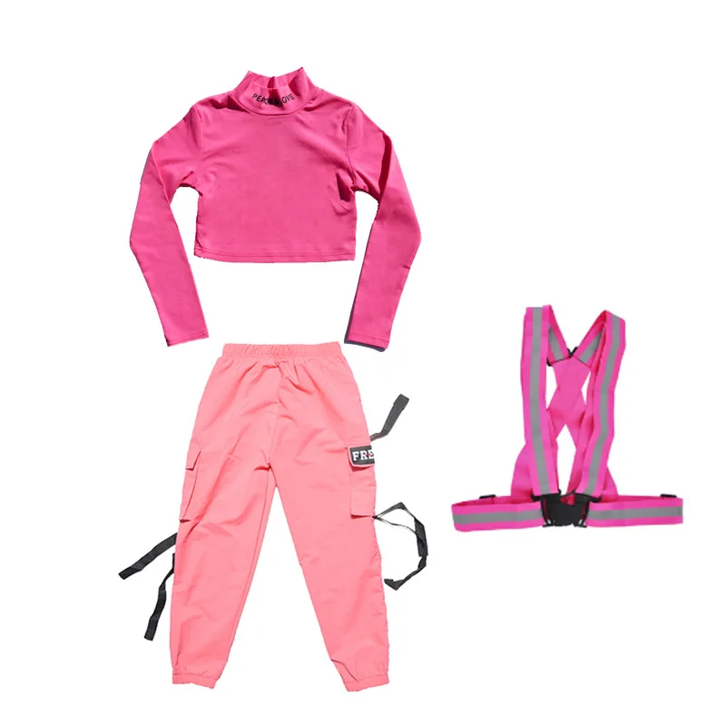 3pcs Детская одежда в стиле хип-хоп розовые костюмы для девочек, костюм для джазовых танцев Одежда для бальных танцев Одежда для сцены DQS2957 - Цвет: 3pcs