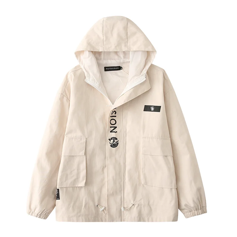 

Hooded Letter Print Hip Hop Windbreaker Men Winter Jackets Coats Techwear Cargo Streetwear Oversize Harajuku Apricot Outerwear