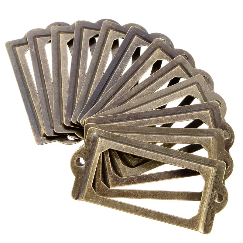 

12Pcs Antique Brass Metal Label Pull Frame Handle File Name Card Holder For Furniture Cabinet Drawer Box Case Bin