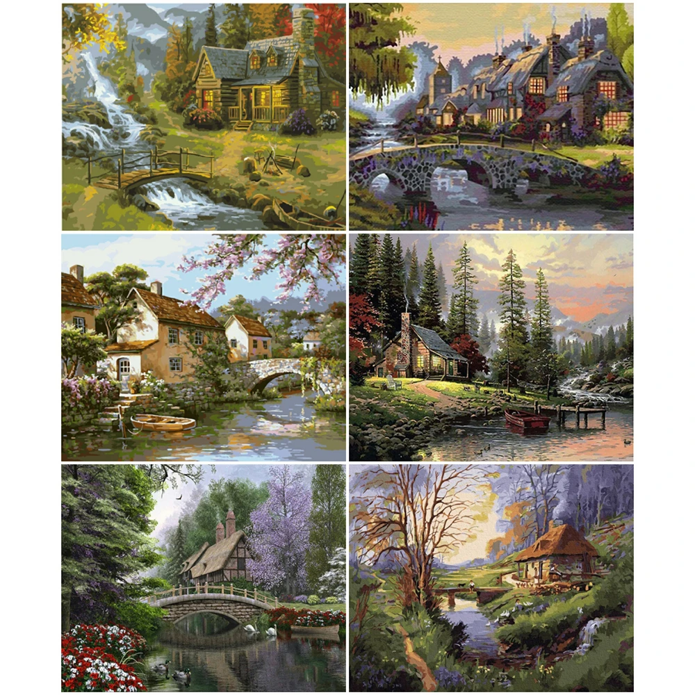 

AZQSD DIY Painting By Number Canvas Kits Forest Handmade Gift 40x50cm Coloring By Numbers House Landscape Home Decoration