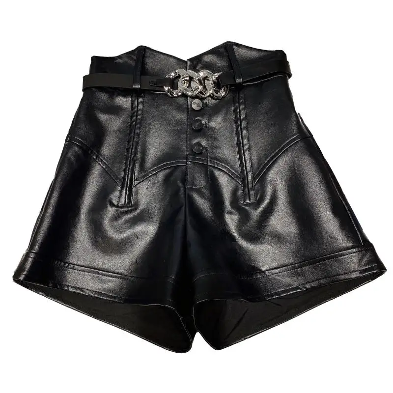 

2020 Autumn Women New Fashion Streewear Metal Chain Belt Decoration High Waist Straight Black Pu Shorts Boot Shorts