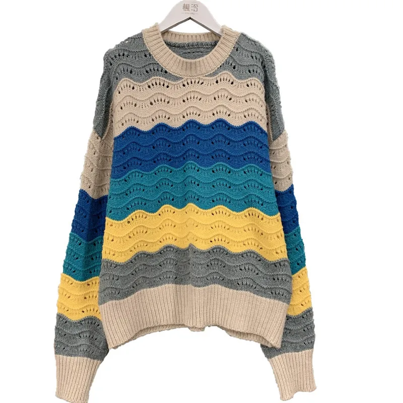 

2020 Winter Women Round Neck Loose Soft Minimalist Panelled Striped Hollow Out Long Sleeve Pullover Knitting Sweater C596