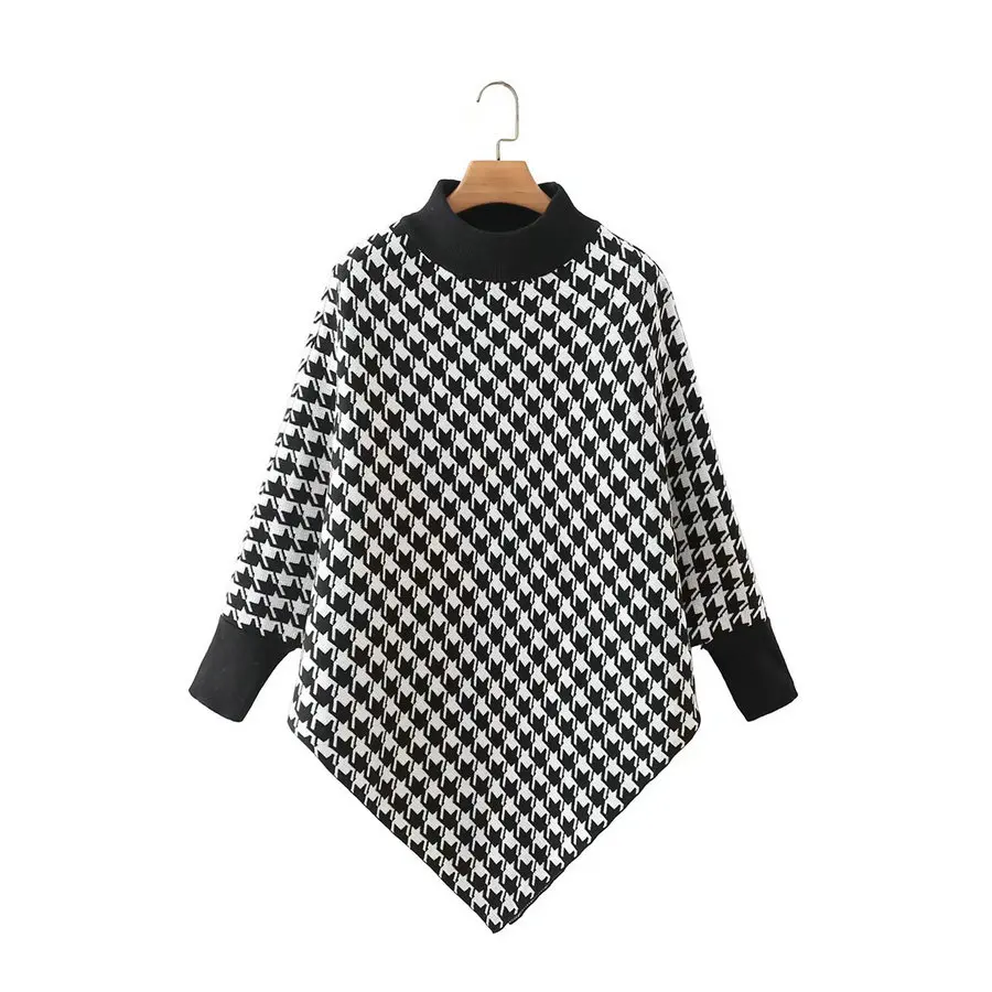 

Autumn Winter Women Black White Houndstooth Cape Pullover Crew Neck Batwing Sleeve Oversized Cloak Casual Cozy Poncho Korean New