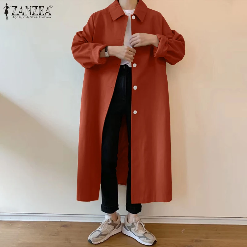 

Женский модный длинный Тренч, Осенние повседневные куртки с лацканами, 2021, Женский однобортный Кардиган, топы ZANZEA, офисные однотонные пальт...