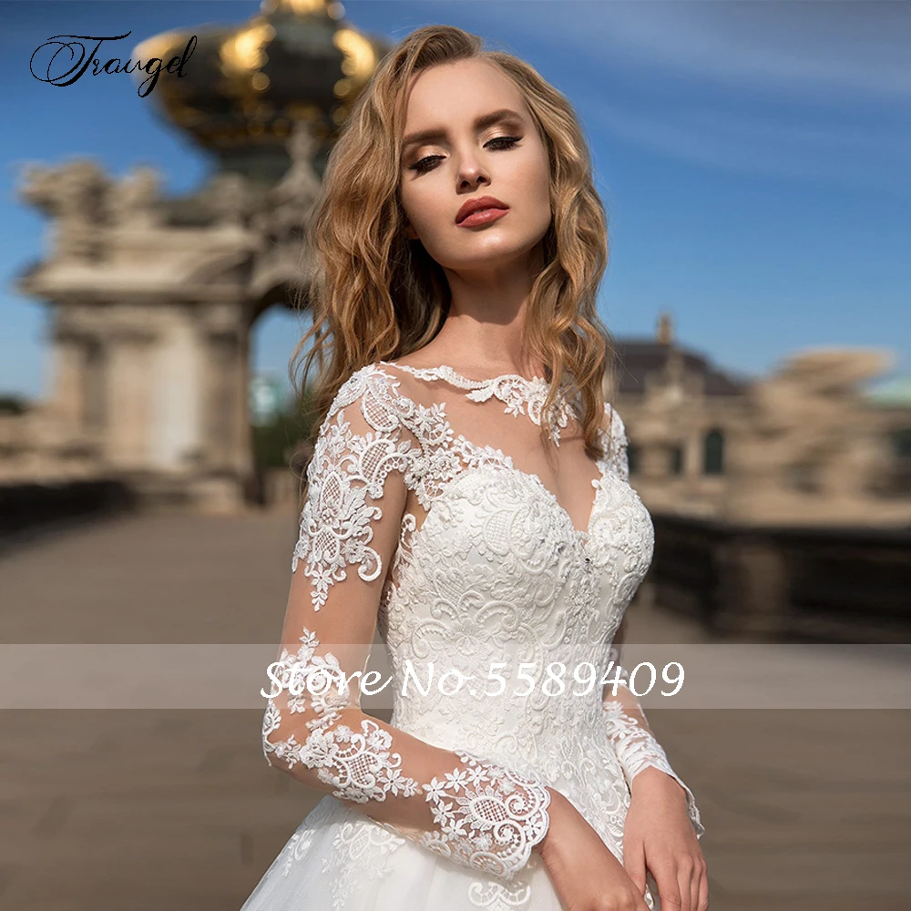 

Traugel Chic Scoop A Line Lace Wedding Dresses Elegant Applique Long Sleeve Button Bride Dress Court Train Bridal Gown Plus Size