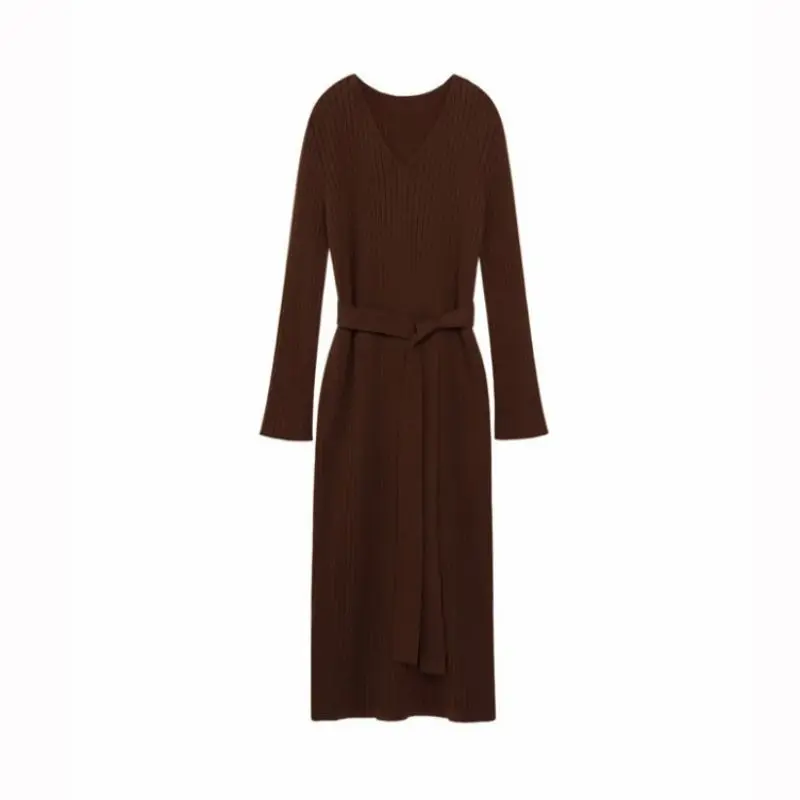 

Women Autumn Knit Dress Sashes Slim Waist Long Sleeve V-neck Bottom Vestidos Lady Slim Stretch Knitwear Dresses