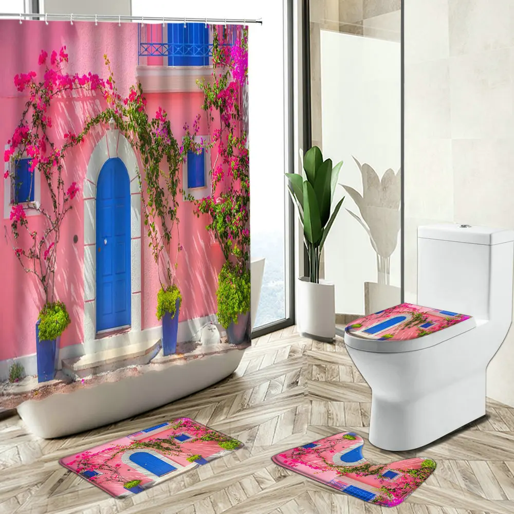 

Greek Village Street View Shower Curtain Flower Vine Scenery Window Door Creative Design Non-Slip Carpet Toilet Cover Floor Mat