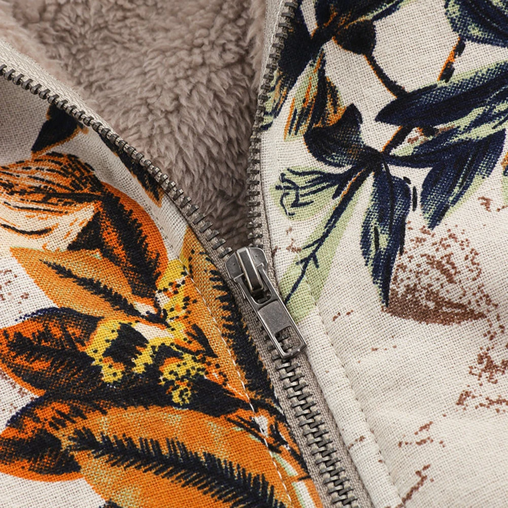 Женское теплое пальто на молнии с капюшоном и цветочным принтом листьев | Женская