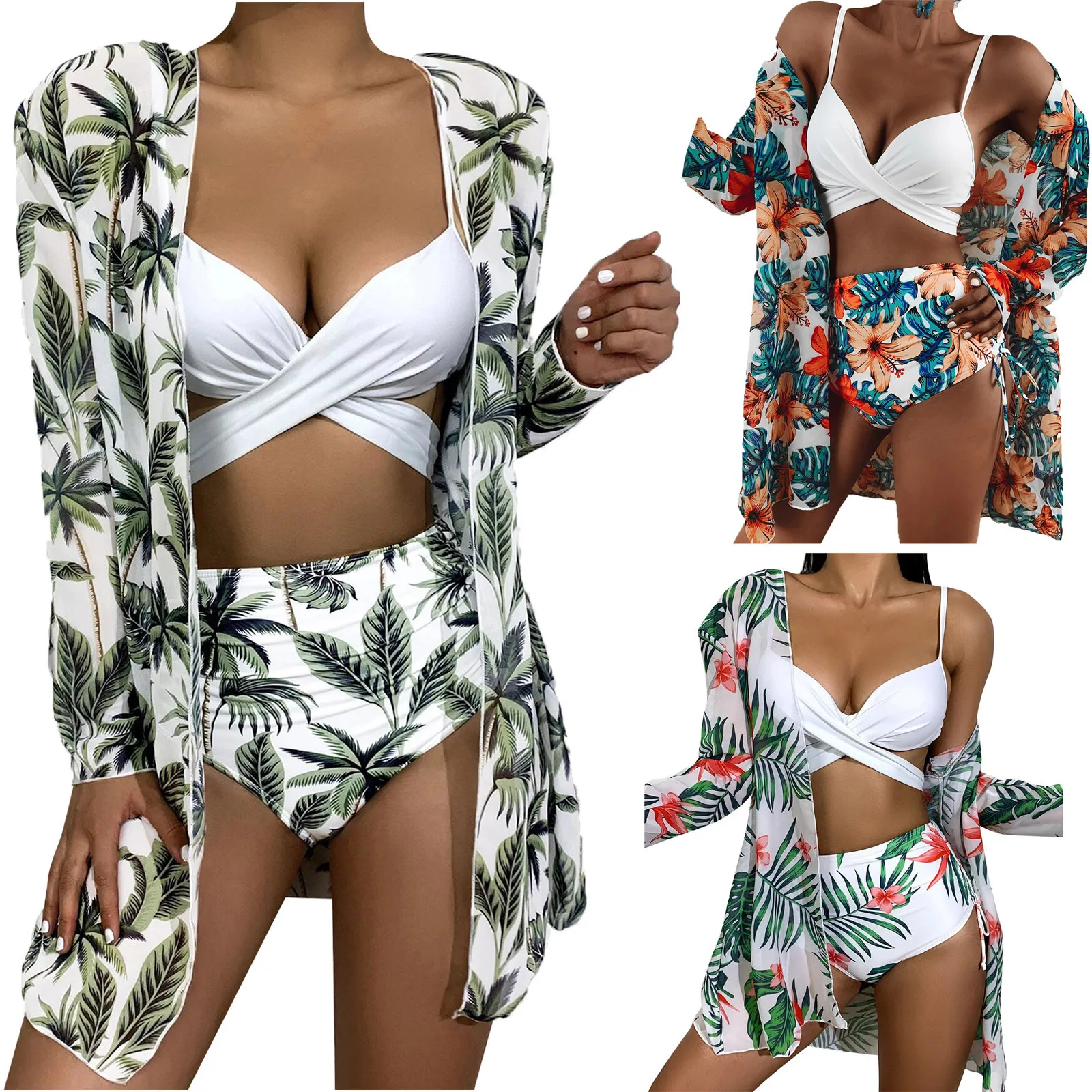 Women's Fashion Printing Sexy Bikini Summer Swimsuit Suit  Three Piece Mesh Split Swimsuit Beach Suit for Women
